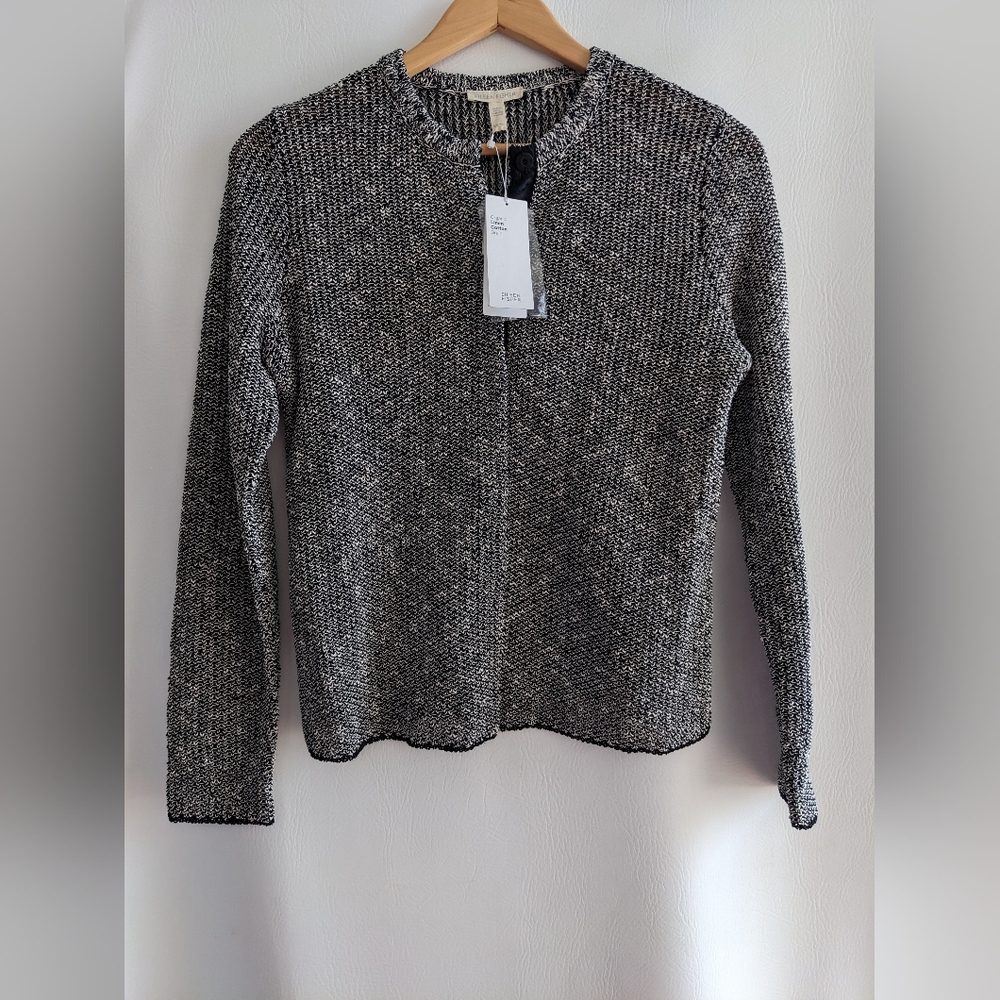 Eileen Fisher Organic Cotton Linen  Black White Melange Grain Cardigan Jacket XS